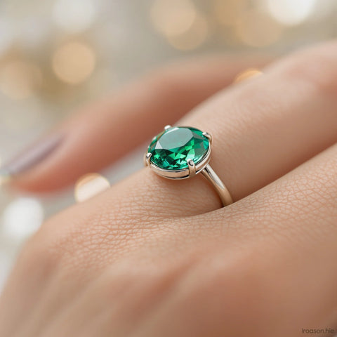 Green mood ring on a woman's finger showing emerald teal color