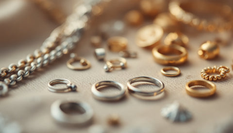 Assortment of jewelry metal pieces including silver and base-metal alloy components on a neutral background