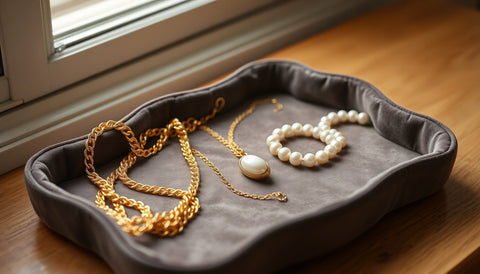 A velvet tray holding an assortment of older gold and pearl jewelry in soft natural light