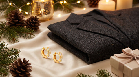 Gold huggie hoop earrings styled for a holiday office party