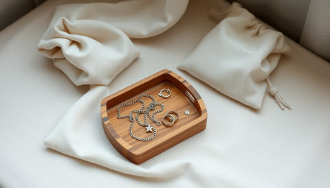 A small wooden tray holding a tangled silver chain, a single earring and two slim rings on pale linen beside a cloth pouch