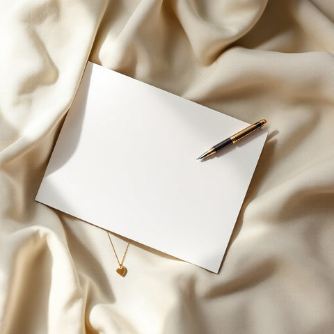 Blank greeting card and a fountain pen laid out beside a delicate heart necklace