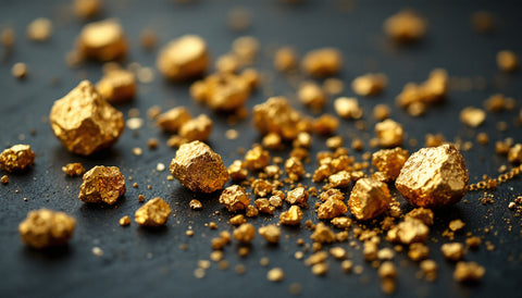 Raw uncut gold nuggets and ore scattered on a dark surface, representing gold's natural scarcity and the mining supply behind its price
