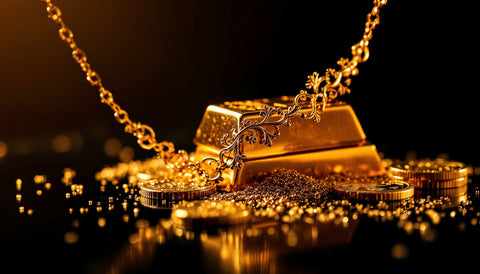 A fine gold necklace draped across gold bars and coins, representing how gold commodity price drives jewelry cost