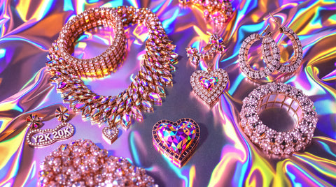 Flat lay of Y2K-inspired jewelry with a layered choker, heart pendant choker, chunky hoops, and rhinestone pieces on a holographic surface
