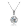 Round Halo Pendant Necklace — 1 carat cubic zirconia center stone, pave CZ halo, 316L stainless steel, rhodium plated, white background
