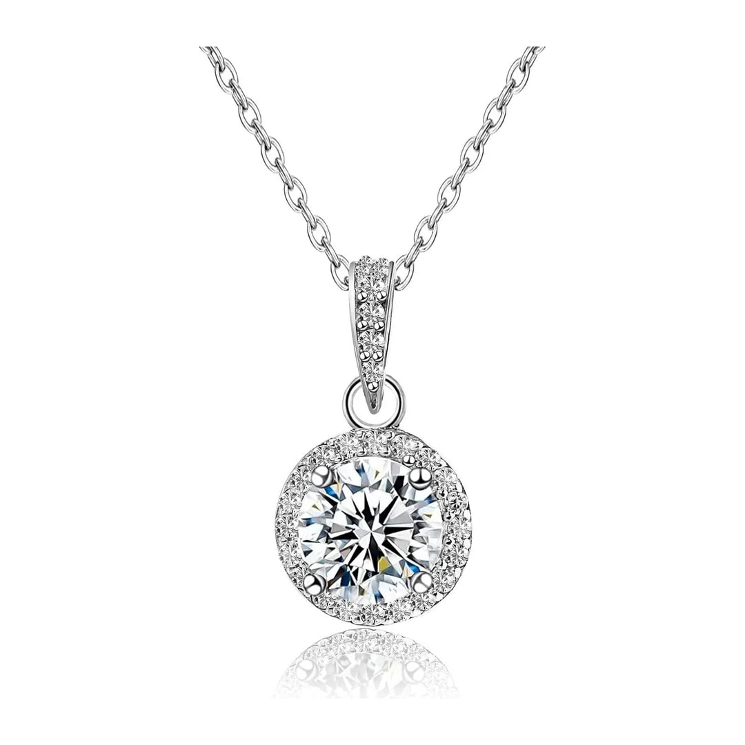 Round Halo Pendant Necklace — 1 carat cubic zirconia center stone, pave CZ halo, 316L stainless steel, rhodium plated, white background