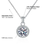 Load image into Gallery viewer, Round Halo Pendant Necklace spec diagram — 316L stainless steel, rhodium plated, 1 carat CZ, 6.5mm diameter, adjustable curb chain with 2 inch extender

