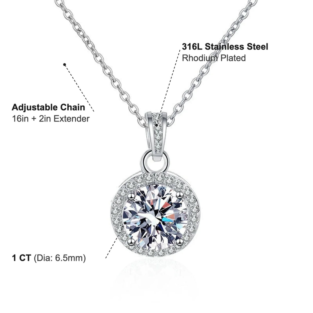 Round Halo Pendant Necklace spec diagram — 316L stainless steel, rhodium plated, 1 carat CZ, 6.5mm diameter, adjustable curb chain with 2 inch extender
