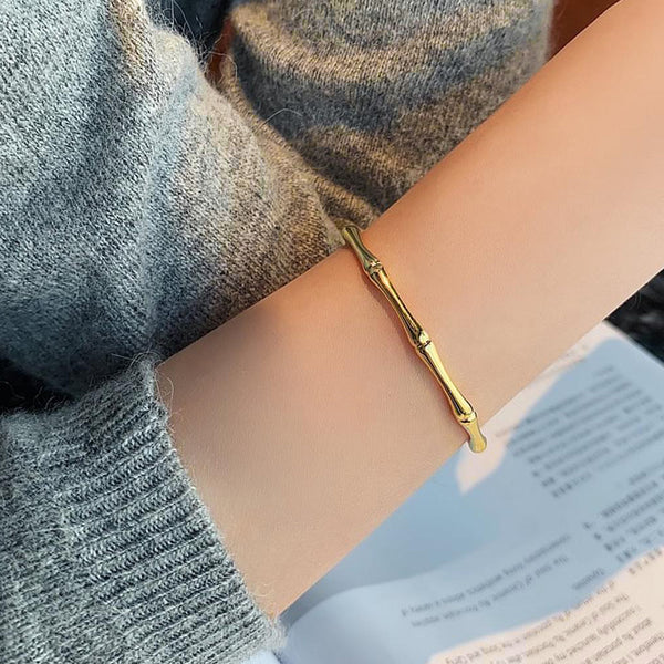 Bamboo Bangle Bracelet for Women — 18K Gold Plated, Cuff Bangle, Stackable