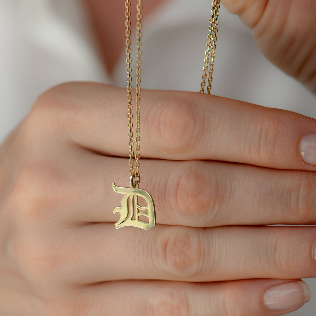 Custom Gothic Letter Initial Necklace - 18K Gold Plated