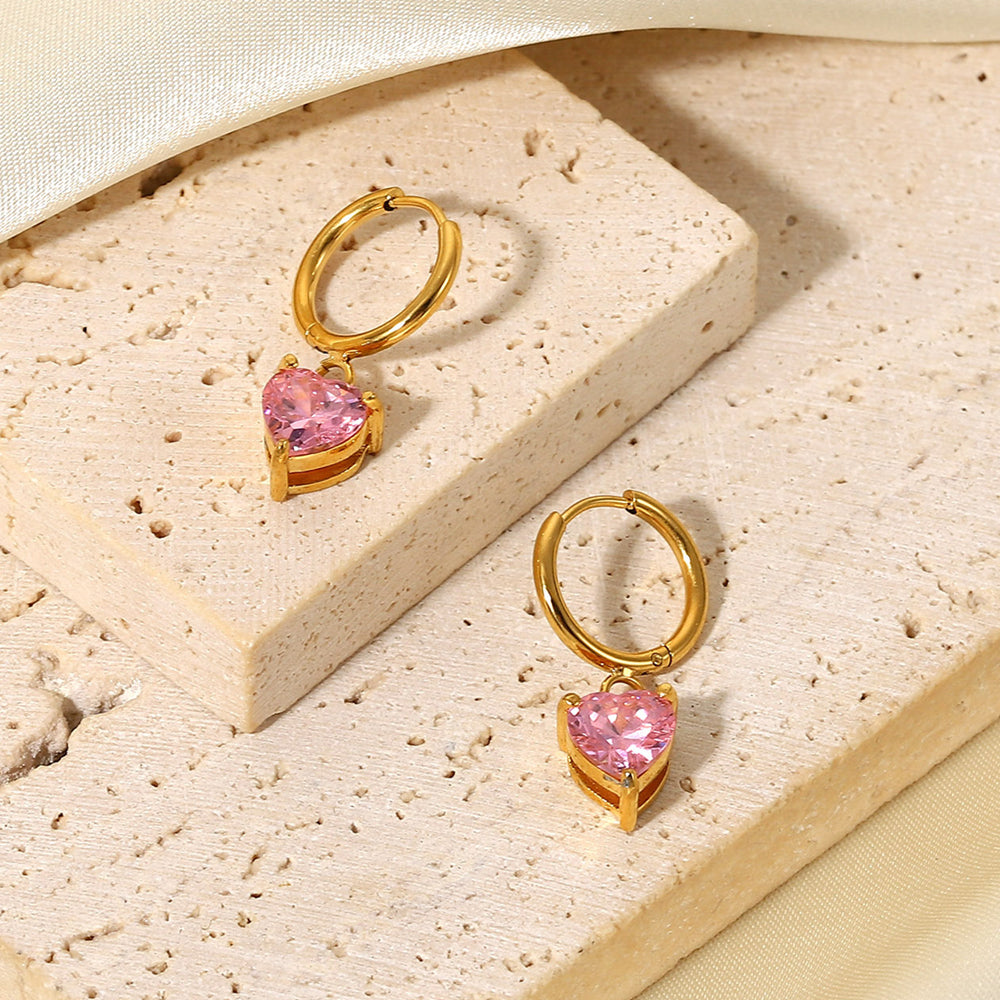 Pink Heart Cubic Zirconia Huggie Hoop Earrings - 18K Gold Plated