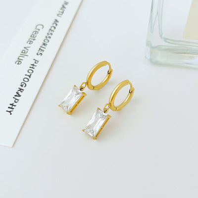 CZ Dangle Earrings for Women — 18K Gold Plated, White Cubic Zirconia Drop Hoops
