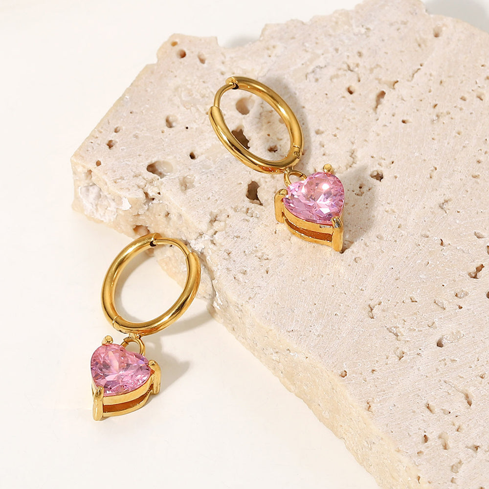 Pink Heart Cubic Zirconia Huggie Hoop Earrings - 18K Gold Plated