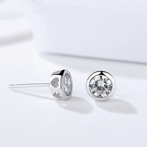 Round Zircon Stud Earrings for Women — 925 Sterling Silver, Rhodium Plated