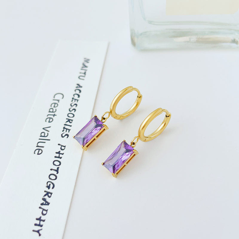 Cubic Zirconia Purple Dangle Earrings - Designer Gold Plated Hoops