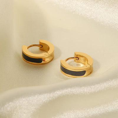 Black Hoop Earrings for Women — Gold Plated, Open C-Shaped Enamel Hoop