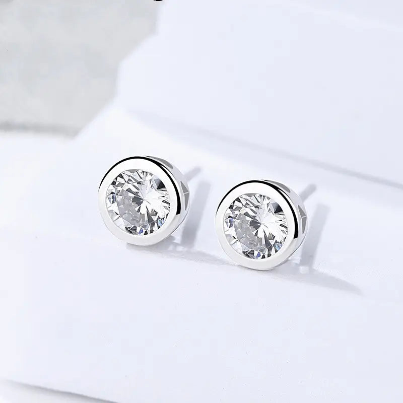 Round Zircon Stud Earrings - Silver Plated
