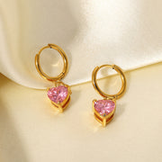 Pink Heart Cubic Zirconia Huggie Hoop Earrings - 18K Gold Plated