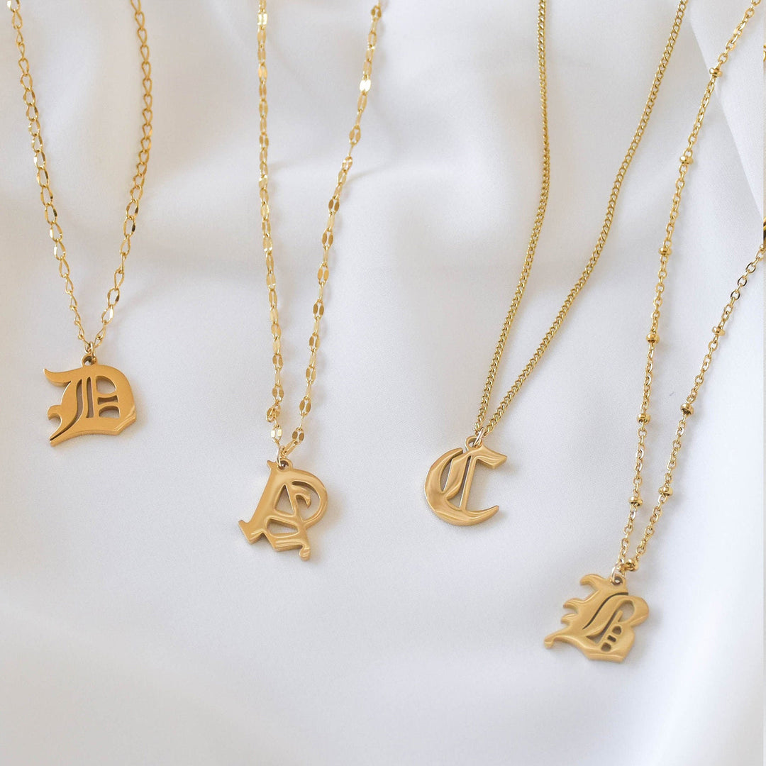 Custom Gothic Letter Initial Necklace - 18K Gold Plated