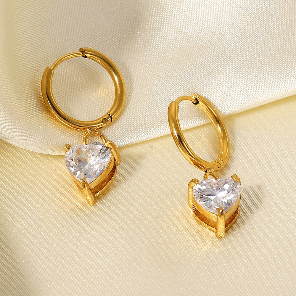 White Heart Cubic Zirconia Huggie Hoop Earrings - 18K Gold Plated