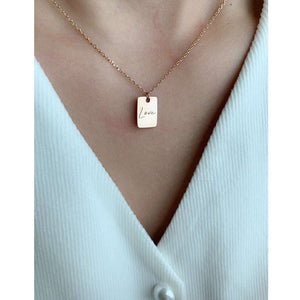 Love Letter Pendant Necklace for Women — 18K Gold Plated, Rectangle Tag, Minimalist