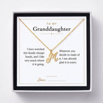 Load image into Gallery viewer, To My Granddaughter printed gift message card, shown in the gift box with the letter M heart initial necklace - AJLuxe

