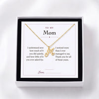 To My Mom printed gift message card, shown in the gift box with the letter M heart initial necklace - AJLuxe