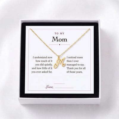 To My Mom printed gift message card, shown in the gift box with the letter M heart initial necklace - AJLuxe