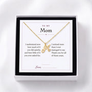 To My Mom printed gift message card, shown in the gift box with the letter M heart initial necklace - AJLuxe