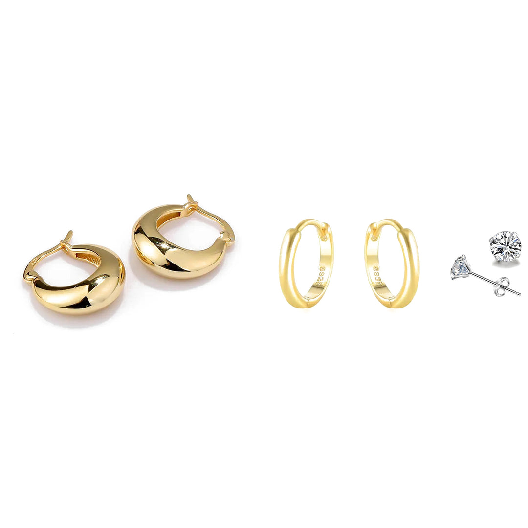 Earring Stack Set — small gold hoop, gold huggie and CZ stud earrings, 3 matched pairs