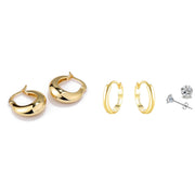 Earring Stack Set — small gold hoop, gold huggie and CZ stud earrings, 3 matched pairs