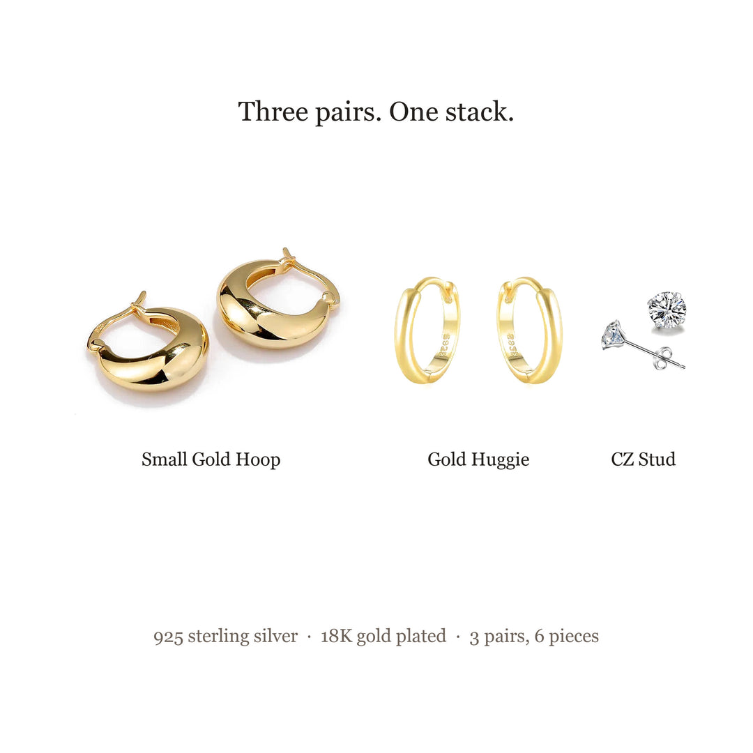 What's in the Earring Stack Set — Small Gold Hoop, Gold Huggie and CZ Stud, 3 pairs 6 pieces