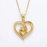 Mom Heart Necklace in 18K gold plated stainless steel, mother and child heart pendant with CZ pave stones, white background
