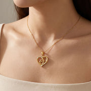 Mom Heart Necklace in 18K gold plated stainless steel worn on neck, mother and child heart pendant