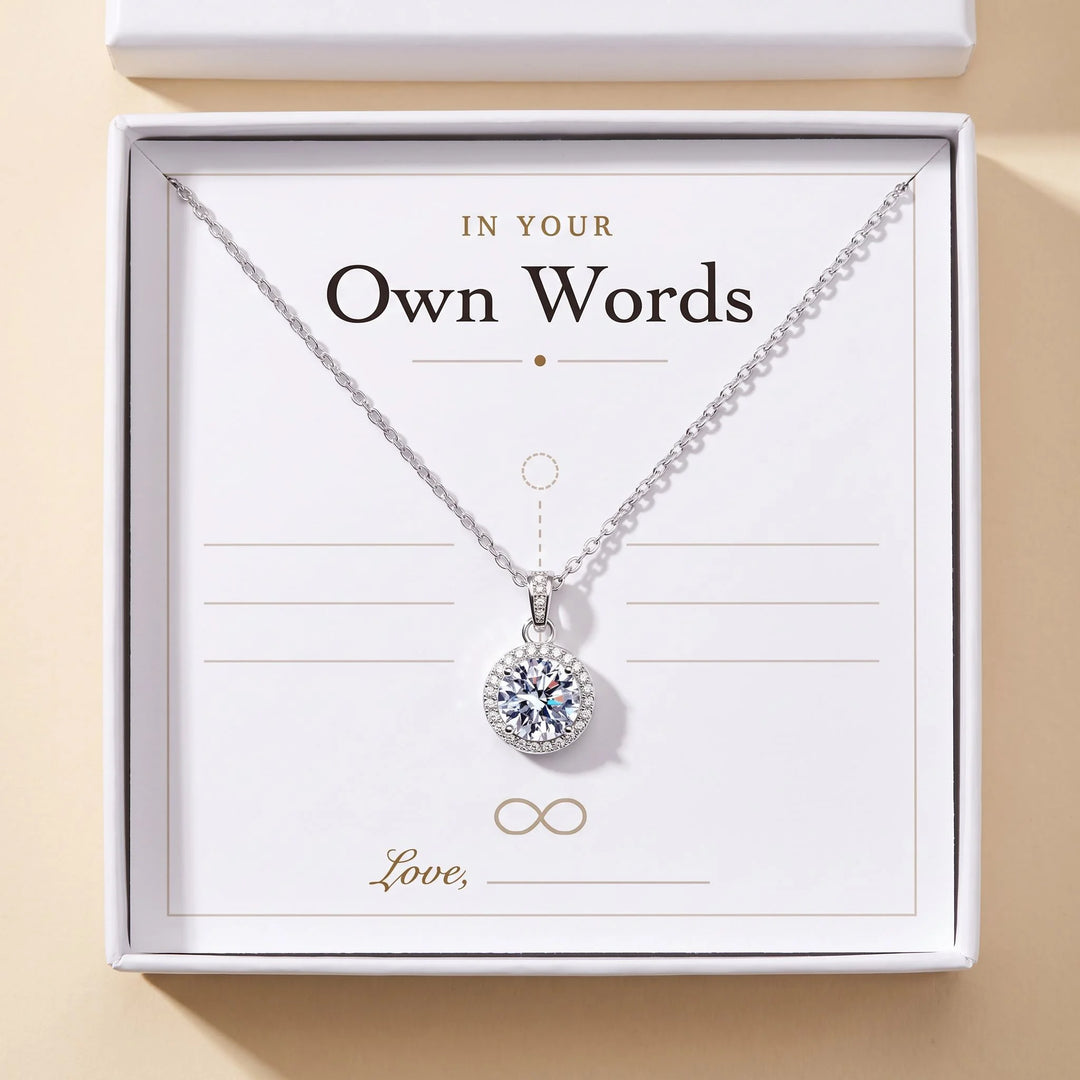 No message card (blank, write your own) gift message card included free with the Round Halo Pendant Necklace, gift boxed