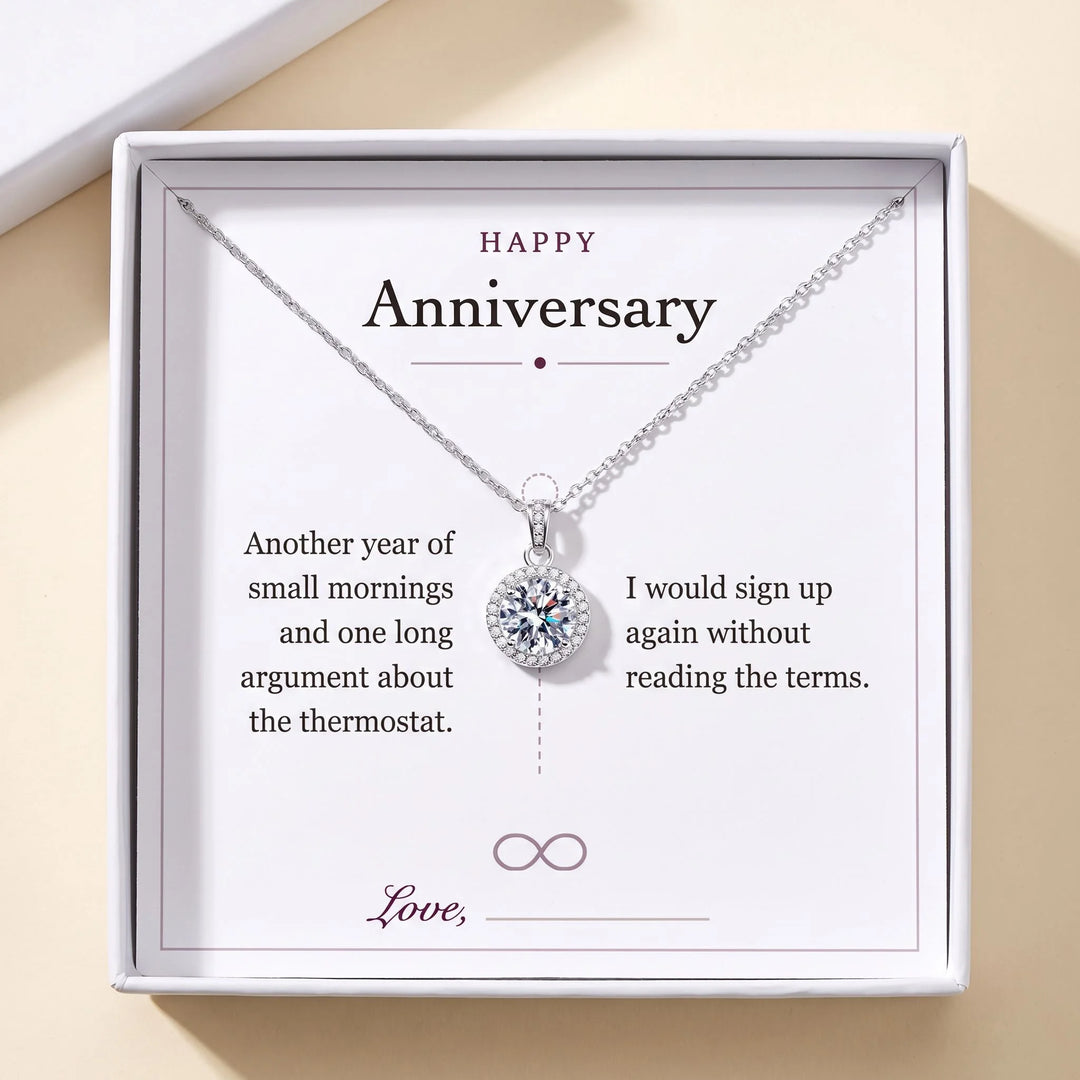 Happy Anniversary gift message card included free with the Round Halo Pendant Necklace, gift boxed
