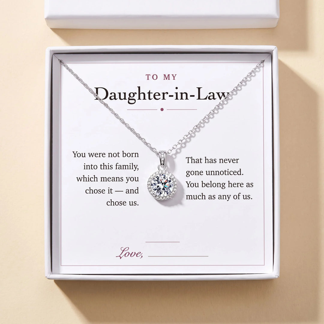 To My Daughter-in-Law gift message card included free with the Round Halo Pendant Necklace, gift boxed