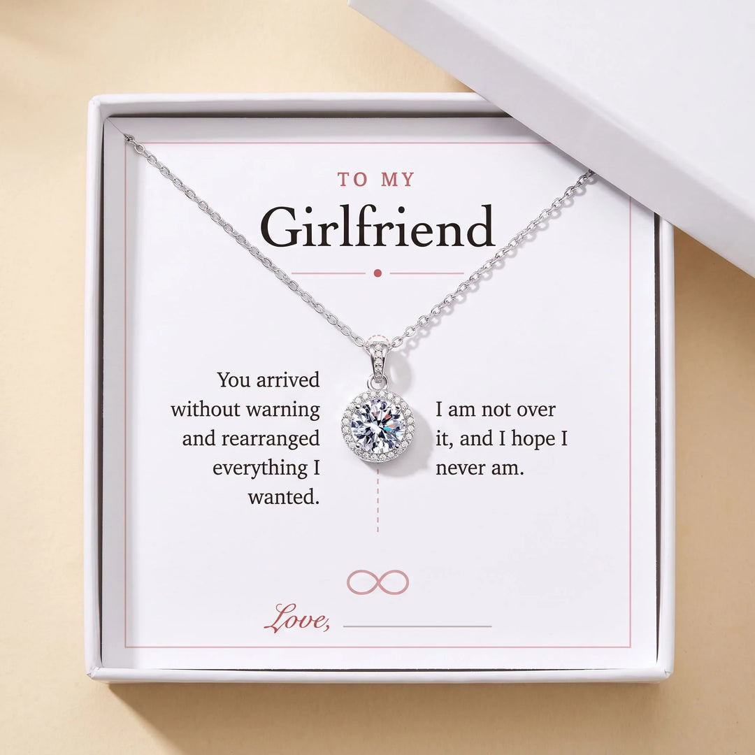 To My Girlfriend gift message card included free with the Round Halo Pendant Necklace, gift boxed