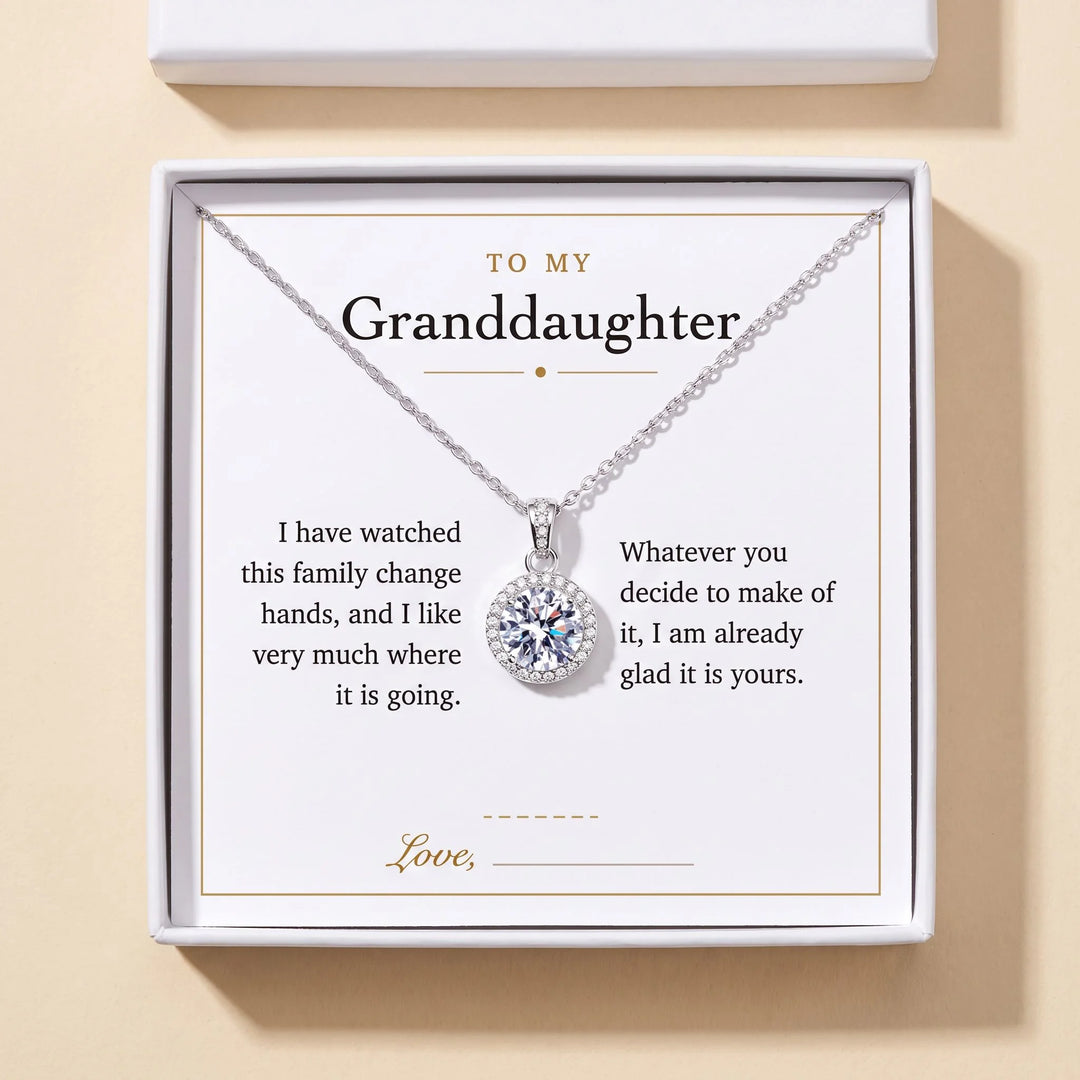 To My Granddaughter gift message card included free with the Round Halo Pendant Necklace, gift boxed