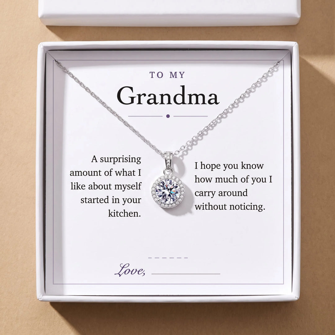 To My Grandma gift message card included free with the Round Halo Pendant Necklace, gift boxed