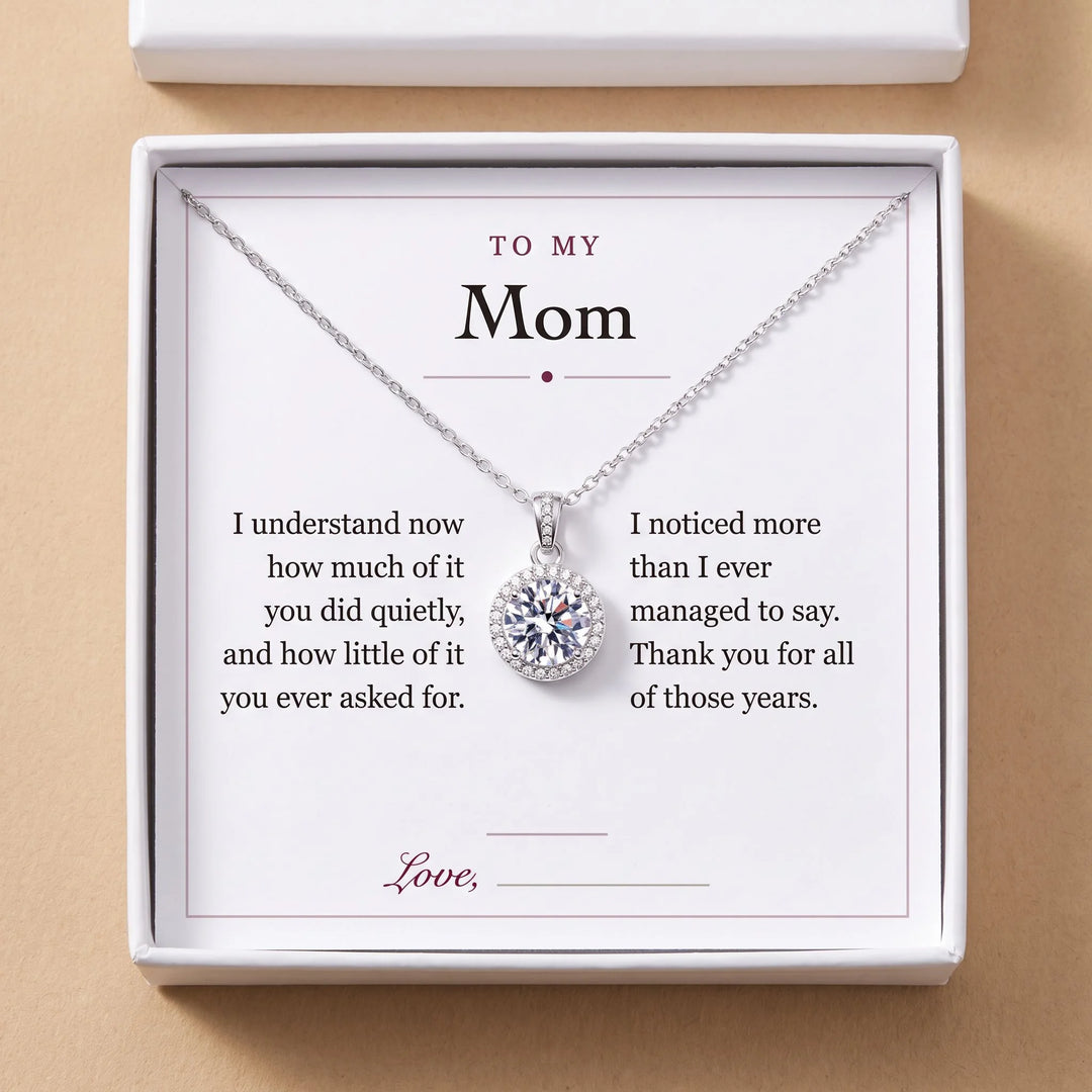 To My Mom gift message card included free with the Round Halo Pendant Necklace, gift boxed