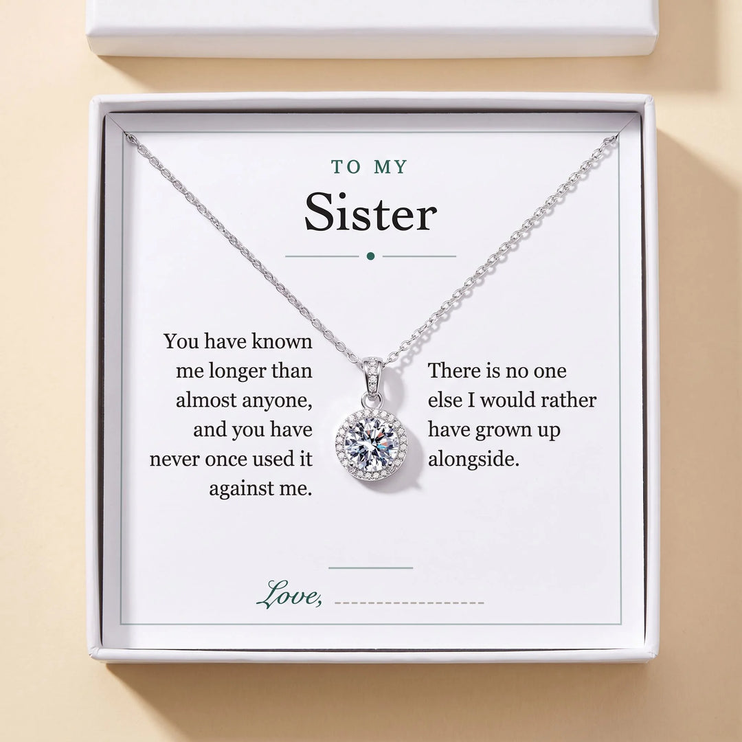 To My Sister gift message card included free with the Round Halo Pendant Necklace, gift boxed