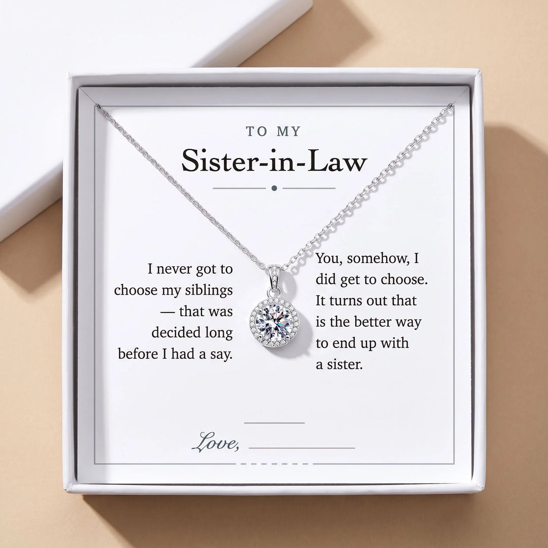 To My Sister-in-Law gift message card included free with the Round Halo Pendant Necklace, gift boxed