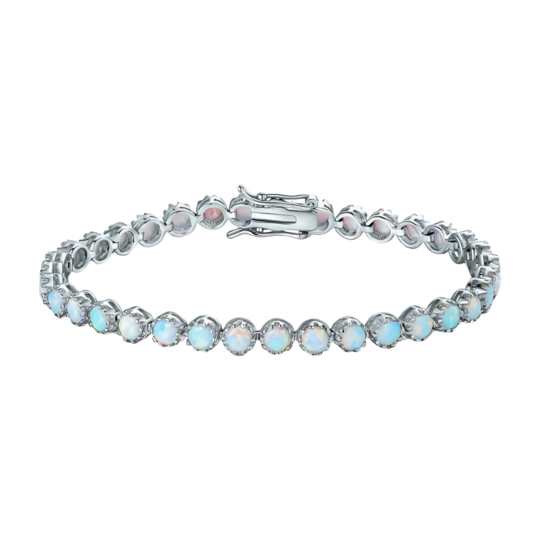 Rainbow Moonstone Tennis Bracelet — stainless steel, bezel-set, white background