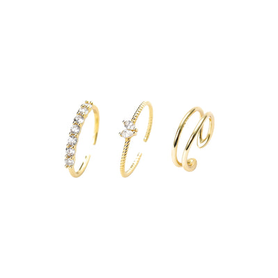Stacking Rings Set in gold — round CZ, marquise CZ and open band stacking rings, 18K gold plated