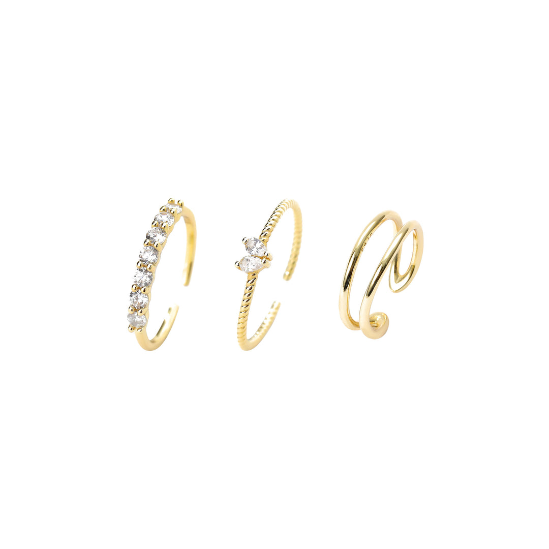 Stacking Rings Set in gold — round CZ, marquise CZ and open band stacking rings, 18K gold plated