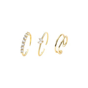 Stacking Rings Set in gold — round CZ, marquise CZ and open band stacking rings, 18K gold plated