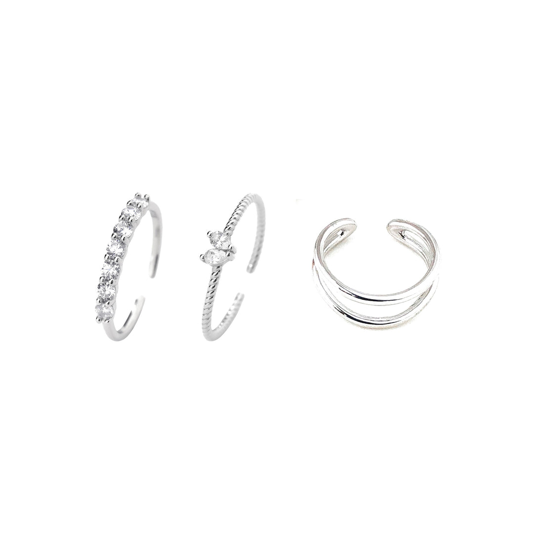 Stacking Rings Set in silver — round CZ, marquise CZ and open band stacking rings in 925 sterling silver