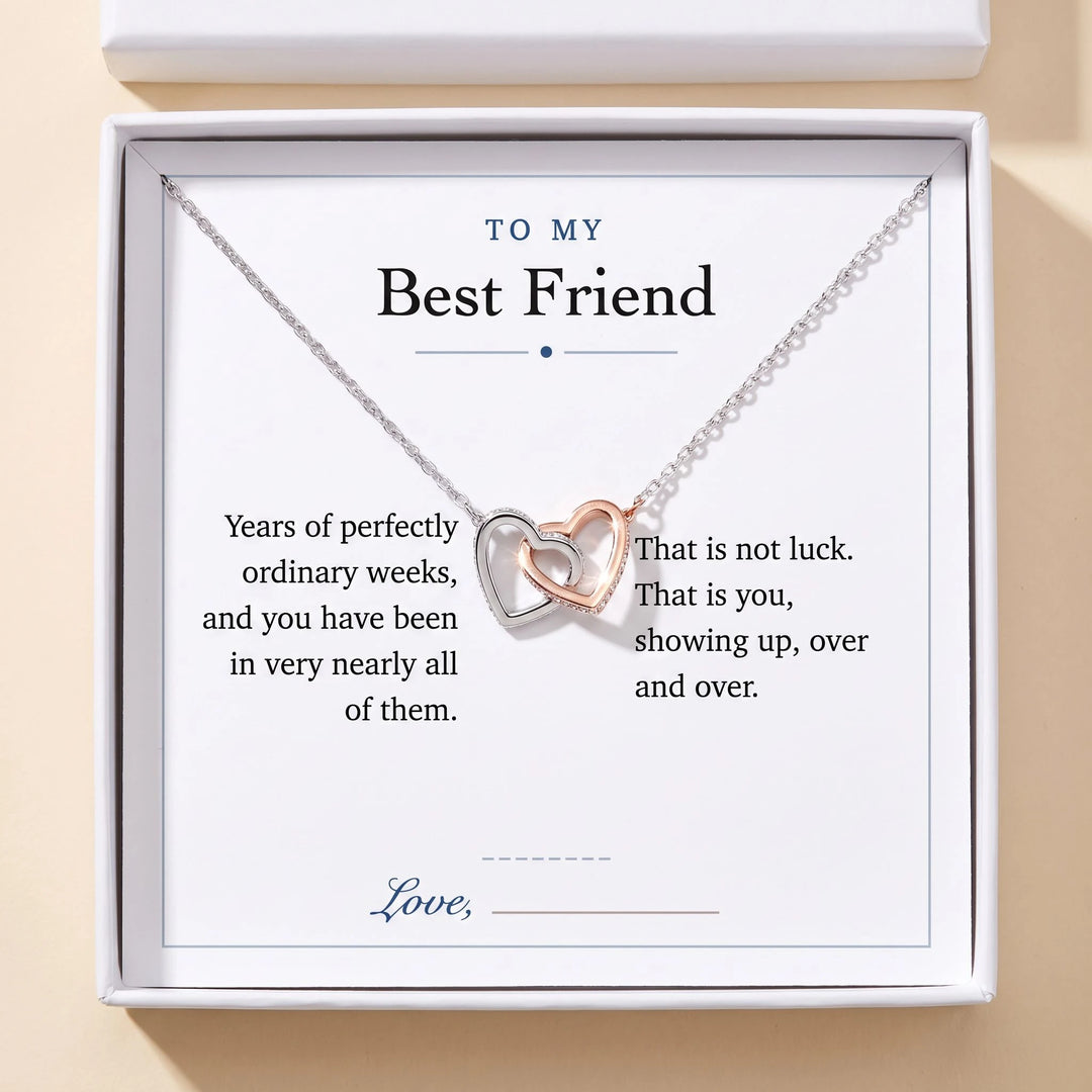 Interlocking Hearts Necklace gift box with To My Best Friend message card